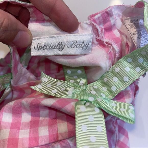 4/$25 - Specialty Baby Pink Gingham Dress with Green Polka Dot Ribbon Accents - Picture 5 of 8